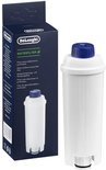 Witte De'Longhi waterfilter voor espressomachines met blauwe dop, naast de blauwe verpakking met opschrift Waterfilter.