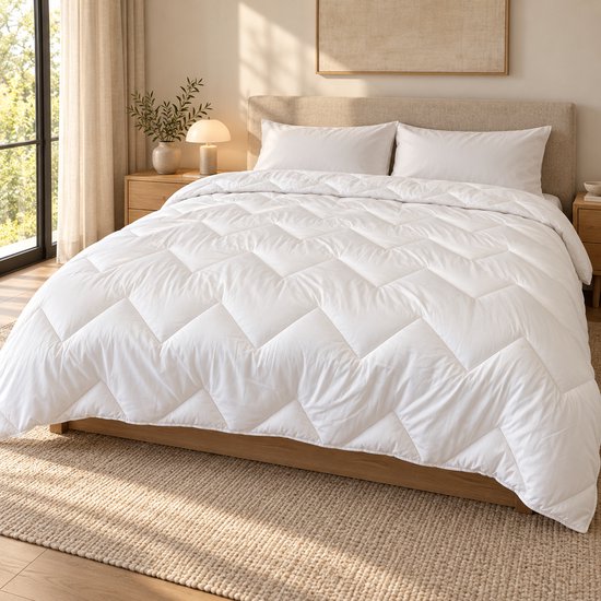 Wit Essential dekbed opgemaakt op een houten bed in een modern ingerichte slaapkamer met warme verlichting.