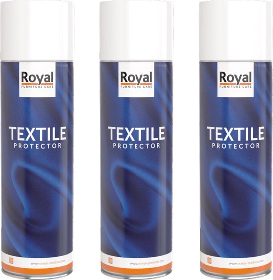 Drie identieke spuitbussen Royal Furniture Care Textile Protector met blauw ontwerp.