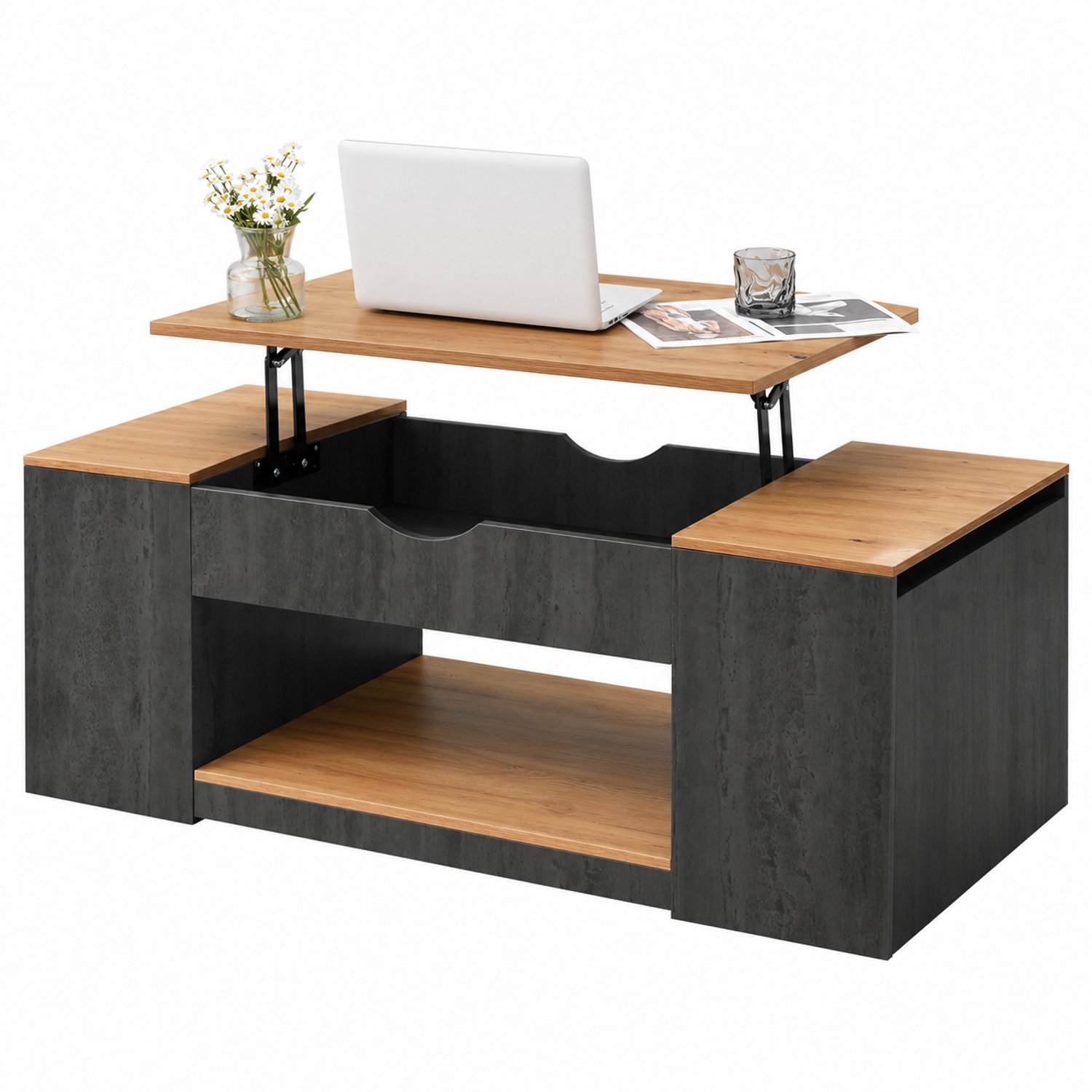 Lemlit Salontafel met Liftfunctie, Verstelbaar Tafelblad, 3 Opbergvakken en Open Opbergruimte, MDF, Grijs/Bruin, 109,5 x 59,7 x 43 cm Grijs + Bruin