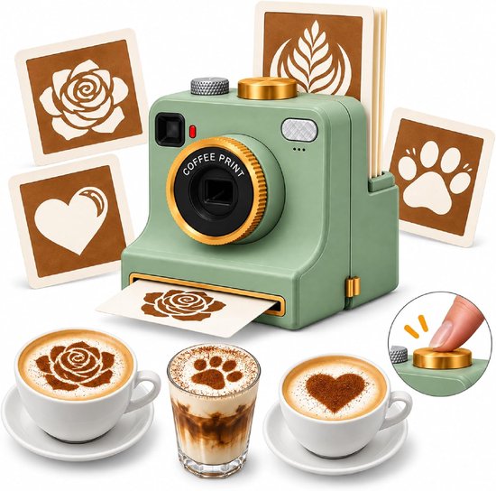 Saliegroene koffieprinter met diverse sjabloonkaarten voor het decoreren van latte met patronen van rozen en hartjes.