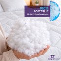 Handen houden een pluk witte 100% Softcell holle polyestervezels vast, met tekst over het vulmateriaal.