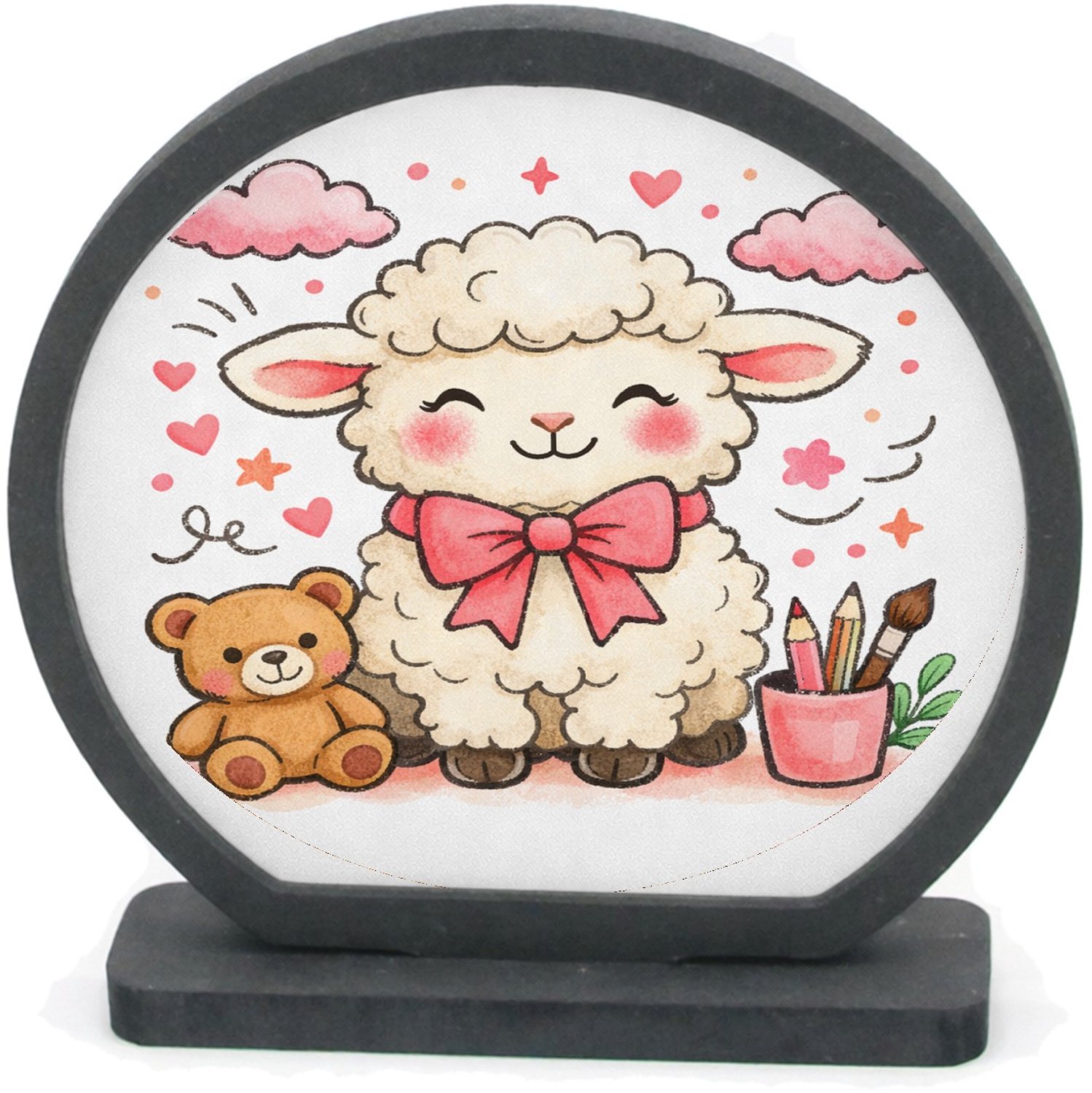 Mr Cadeautjes Houten fotolijst rond met MDF inleg - design Een feestelijk complimentdesign met een zachte dierfiguur en | cadeau Wit