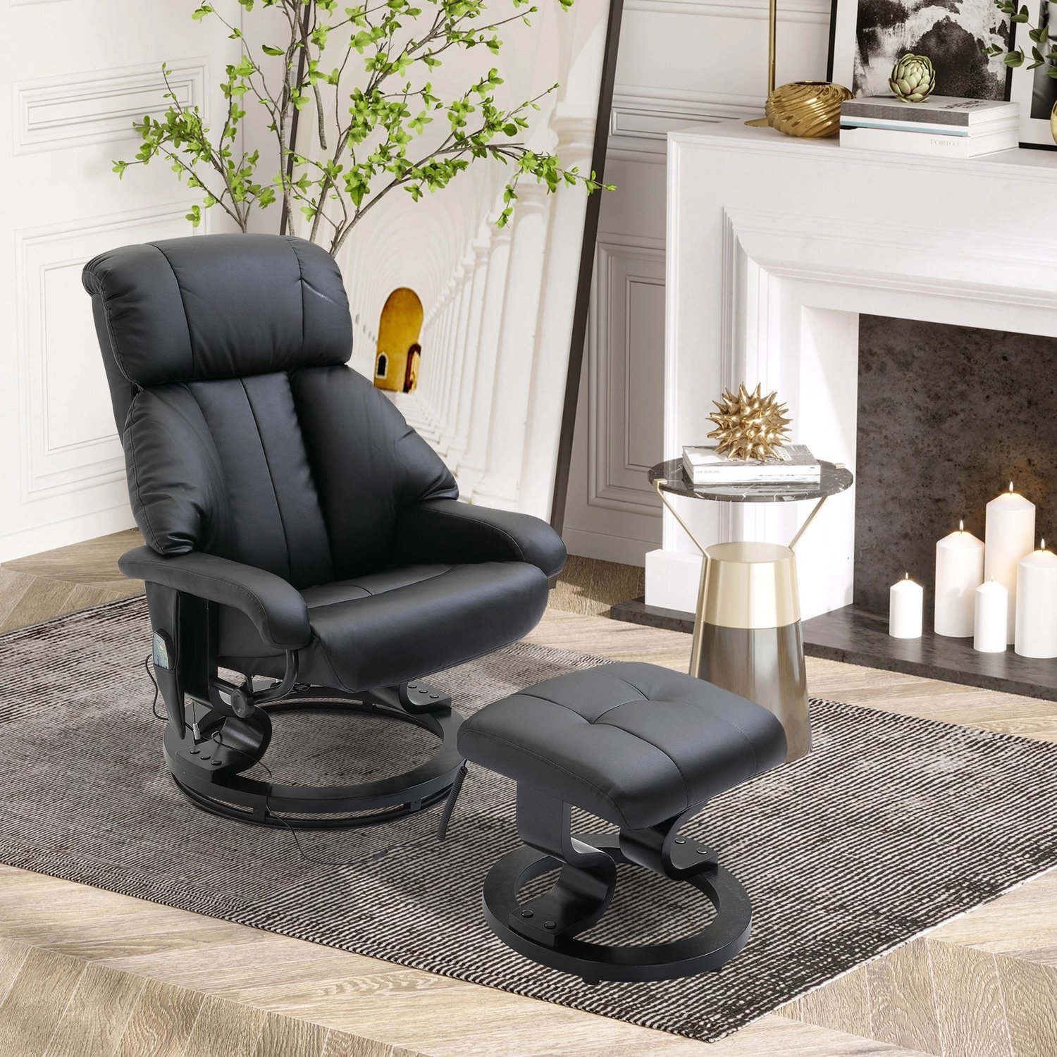 OKWISH Relaxfauteuil 80 x 76 x 102 cm - Draaibaar en Verstelbaar tot 145 Graden - Met Massage - Voor de Woonkamer - Kunstleer - Zwart