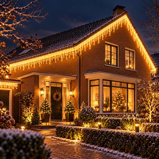 Vrijstaand huis in de sneeuw met warm witte Springos ijspegelverlichting langs het dak en verlichte kerstbomen.