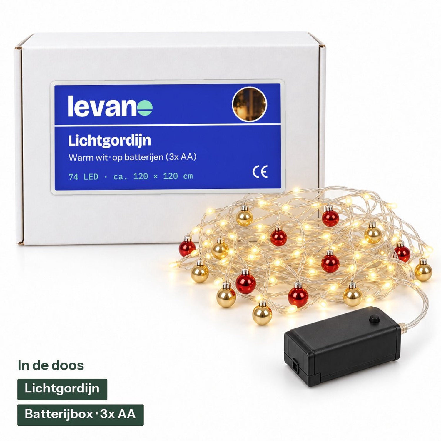 Levano Kerstverlichting Buiten - Lichtgordijn met Kerstballen - Kerstversiering - Kerstverlichting op Batterijen - Kerstlampjes - Raamverlichting Kerst - LED Gordijn - Kerstdecoratie Raam - Warm Wit - Timer - 74 LED - Sfeerverlichting - IP44 – foto 8