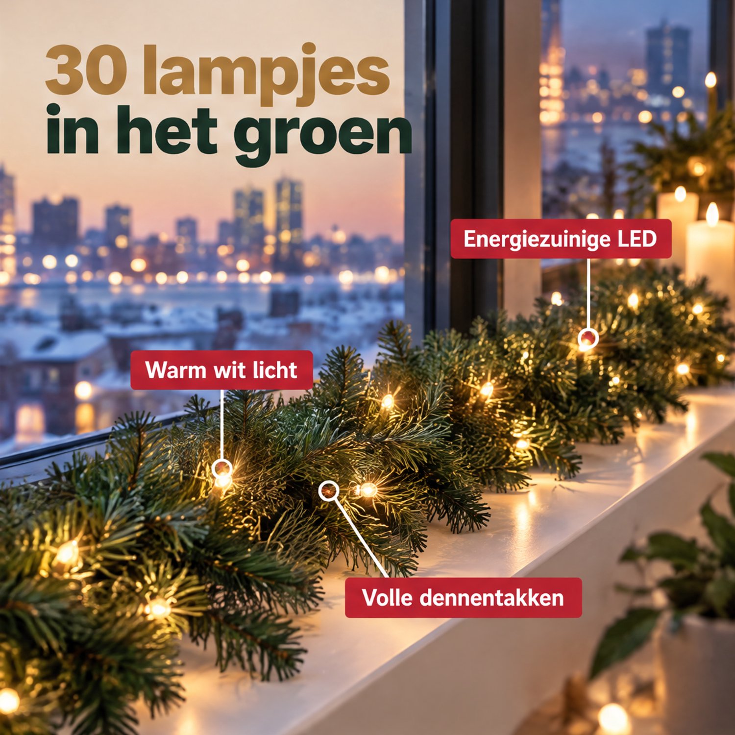 Levano Kerstguirlande met Verlichting - 30 LED Warm Wit - Kerstverlichting Buiten op Batterij - Guirlande met Timer - Lichtslinger voor Binnen en Buiten IP44 - Dennenslinger voor Open Haard - Schoorsteen Decoratie - Energiezuinig - Groen – foto 4