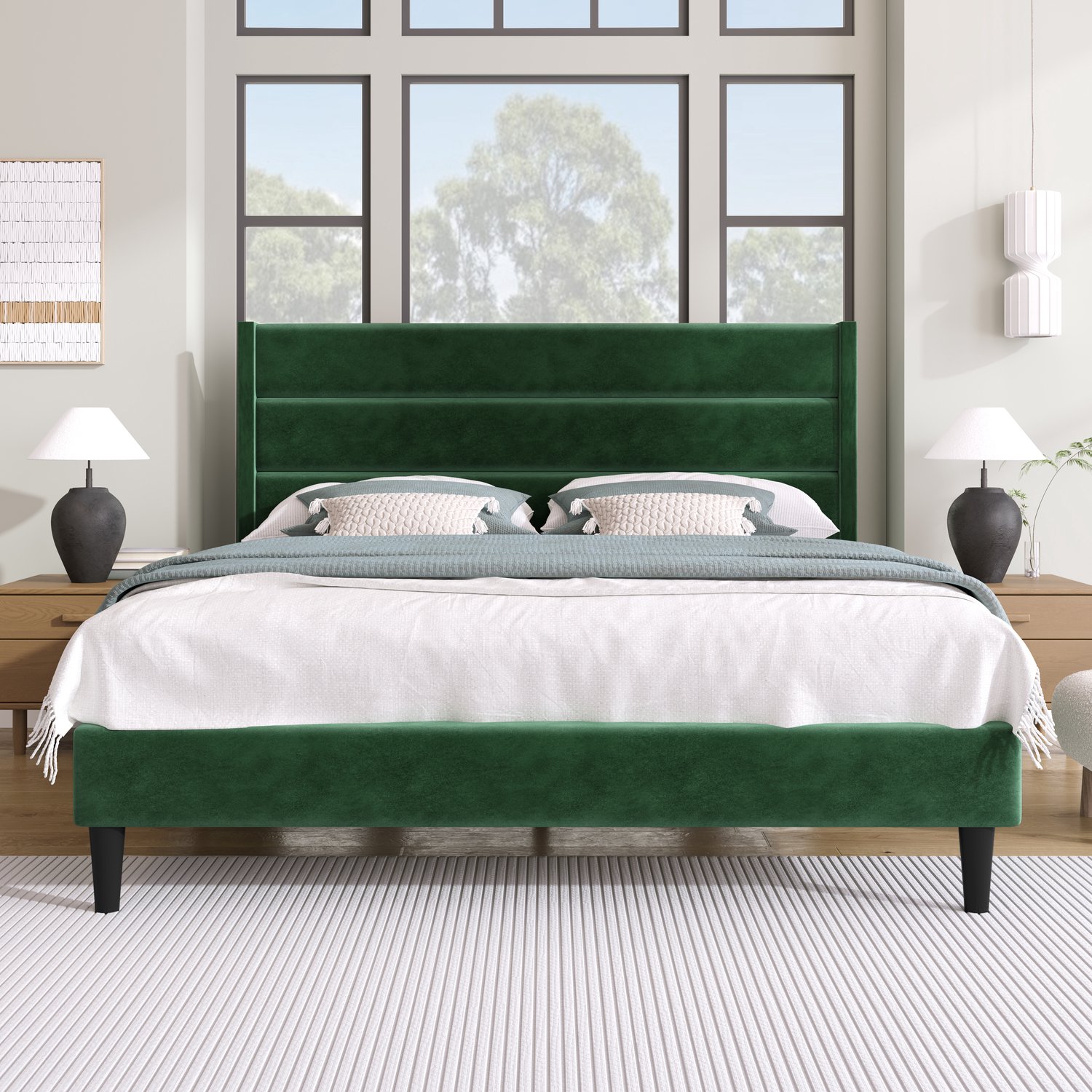 MUVANO Gestoffeerd bed 140 x 200 cm - bedframe met lattenbodem - bed met gewatteerd hoofdbord - fluwelen bed in donkergroen voor de slaapkamer