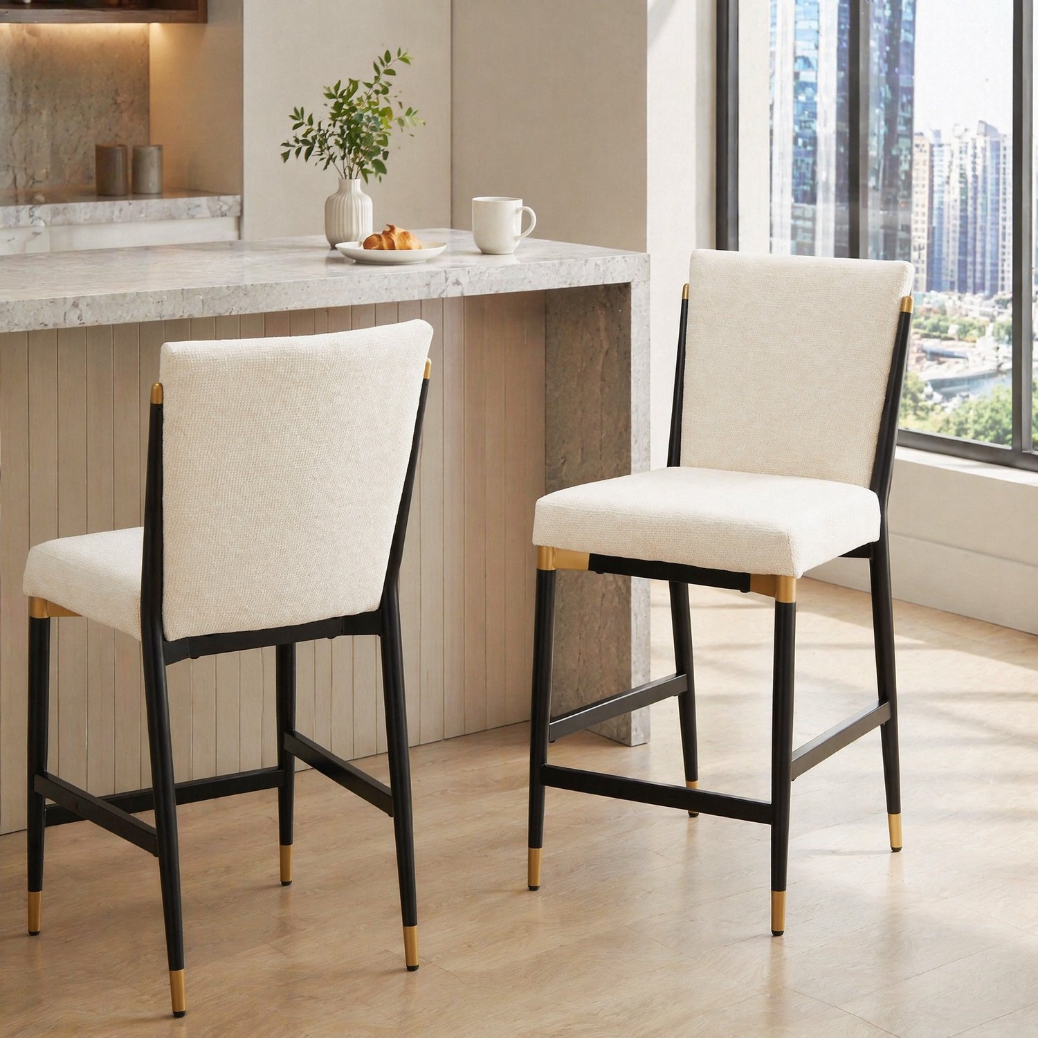 CHICFURN Barkruk - Rechthoekige voetensteun - Met rugleuning - Beige