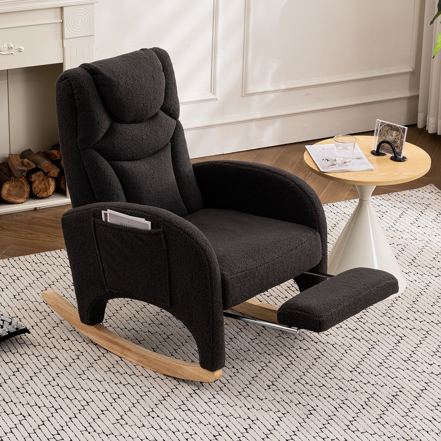 CHICFURN Schommelstoel - Inklapbare voetsteun - Houten basis - Donkergrijs