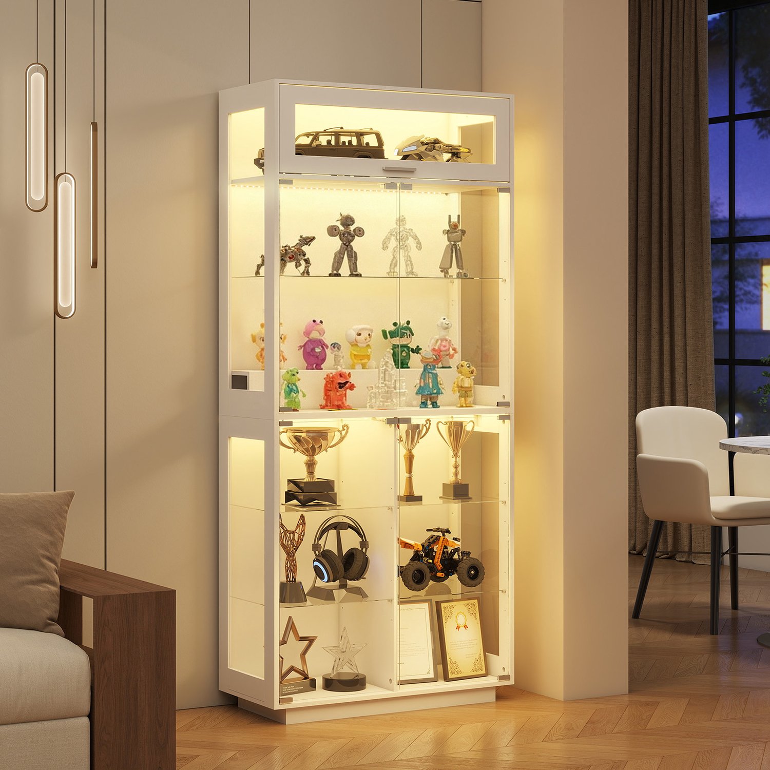 Puluomis - Vitrinekast met led verlichting - 80x180x35cm - Vitrinekast met glas - 5 planken - Driekleurige sensorlamp - Wit