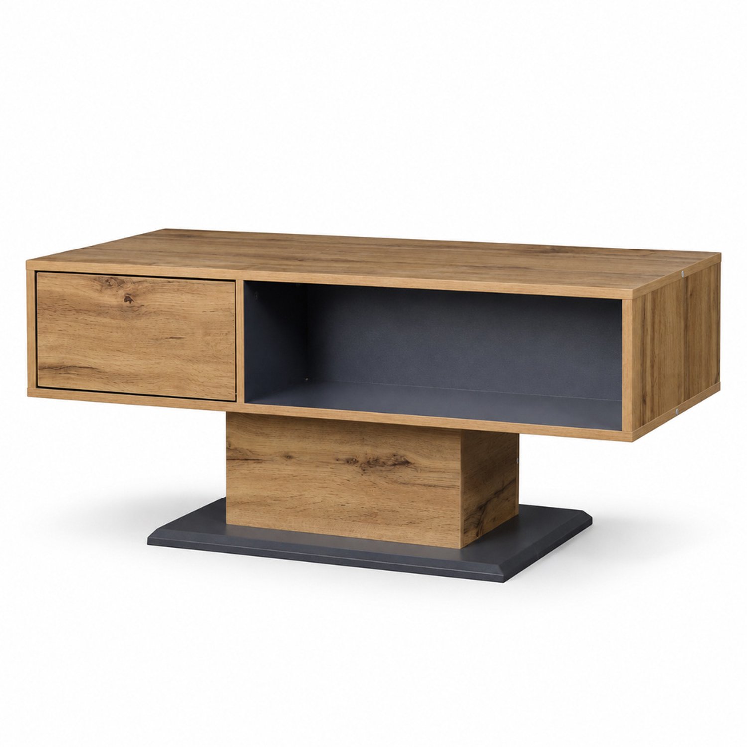 LONG DRAGON – Salontafel – Dubbelzijdige opbergruimte en greeploze klep – Grijs+Houtkleur – 100 × 50 × 46,5 cm