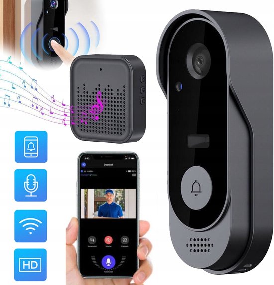 Slimme Draadloze WiFi Deurbelcamera – 125° Groothoek En Witlicht Nachtzicht En Tweewegs Audio – IP65 Waterdicht En 1000 mAh Batterij – Voor Huisbeveiliging – Zwart — afbeelding 2