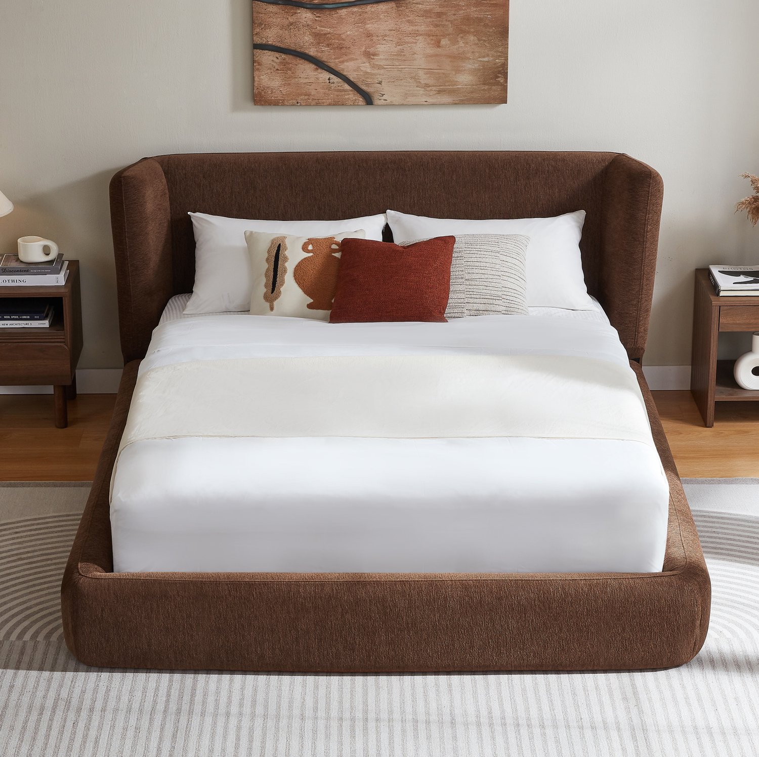 COVREO Bedgestel met hoofdbord – 231x190x100 cm – Tweepersoonsbed met staalframe – Bed voor matras van 160x200 cm – Bruin - zonder matras