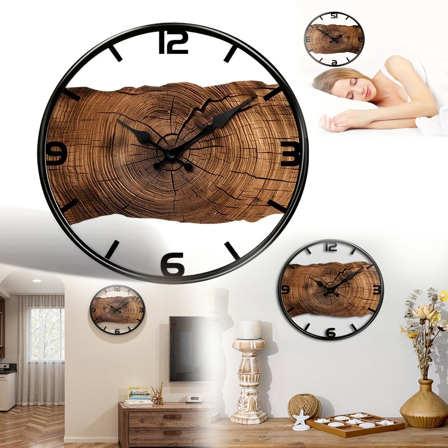 Klok Met Houtnerf Uitsnijding, Stille Houten Wandklok, Decoratieve Hangklok Met Bijtring Patroon.
