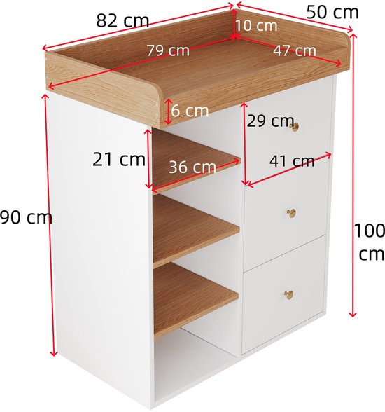 Diagram met de afmetingen in centimeters van de wit-houten babycommode met drie lades en open legplanken.