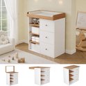 Wit-houten babycommode getoond in drie verschillende configuraties: met en zonder verhoogd bovenrek.