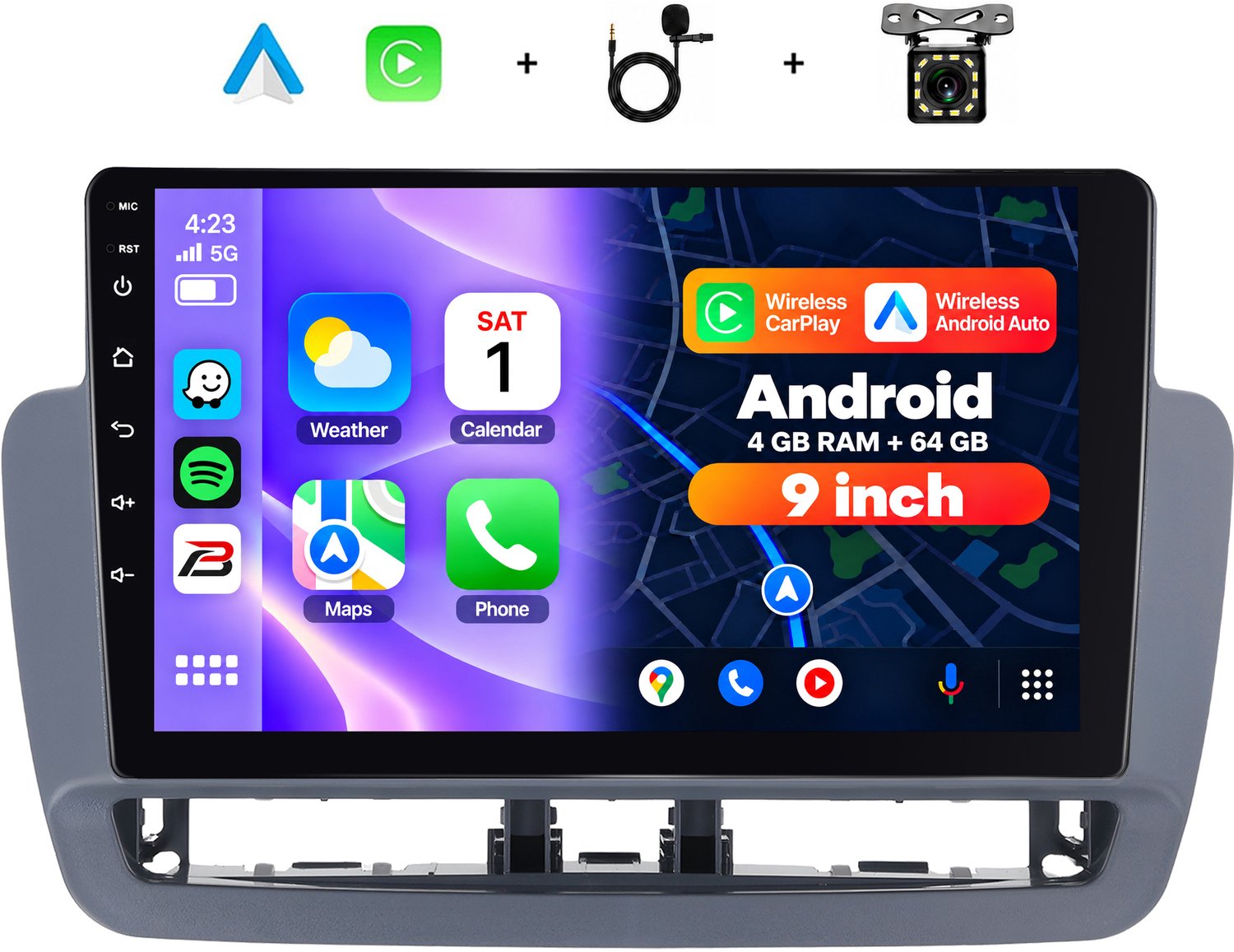 Boscer 2 Din Autoradio - Geschikt voor Seat Ibiza (2012-2015) - Draadloos Apple CarPlay & Android Auto - 9 Inch HD Touchscreen - Android 15 - 4+64GB - GPS - WiFi, Bluetooth & USB - Achteruitrijcamera & Microfoon