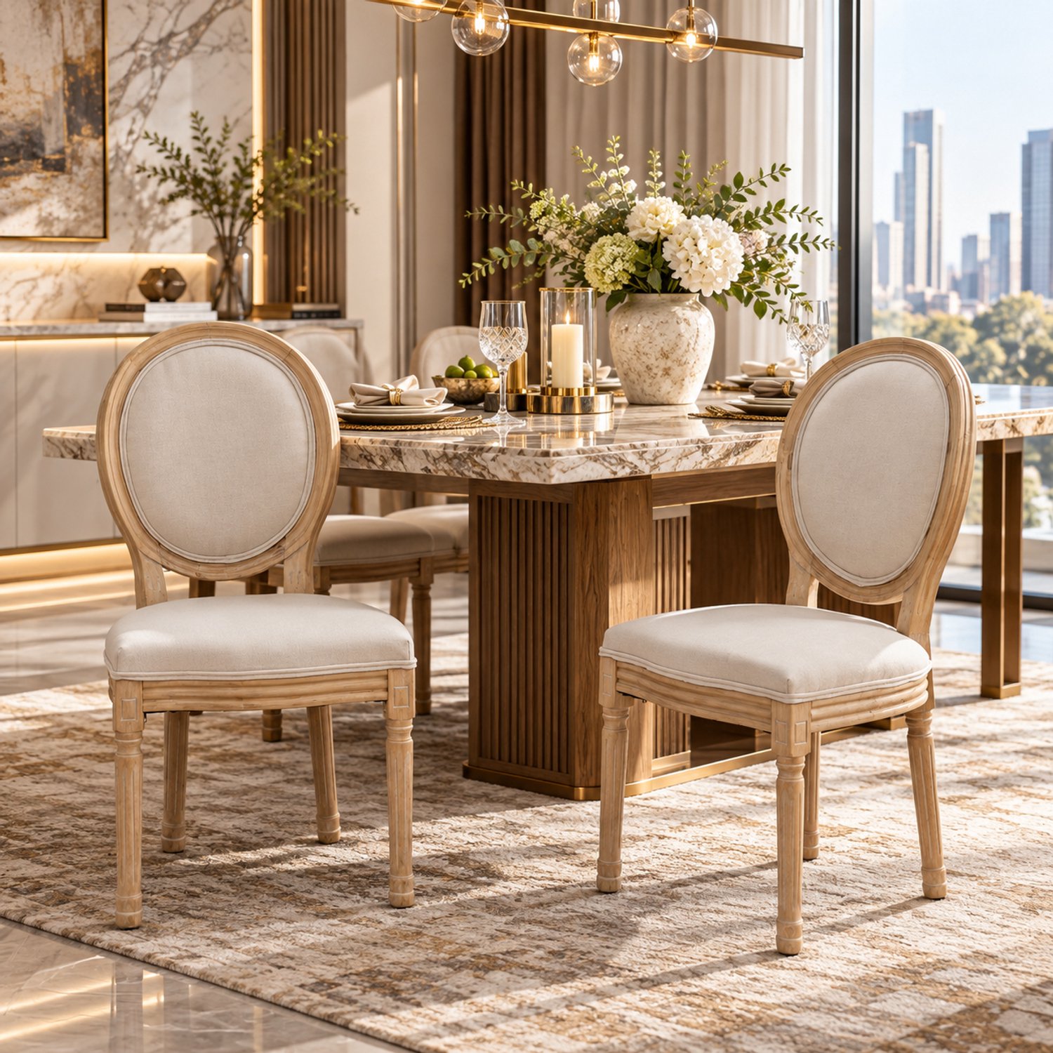 Welltin Eetkamerstoel - Set van 2 - Eetkamerstoelen - Eettafelstoel - Keukenstoel - Met rugleuning - Linnen - Franse stijl - Beige