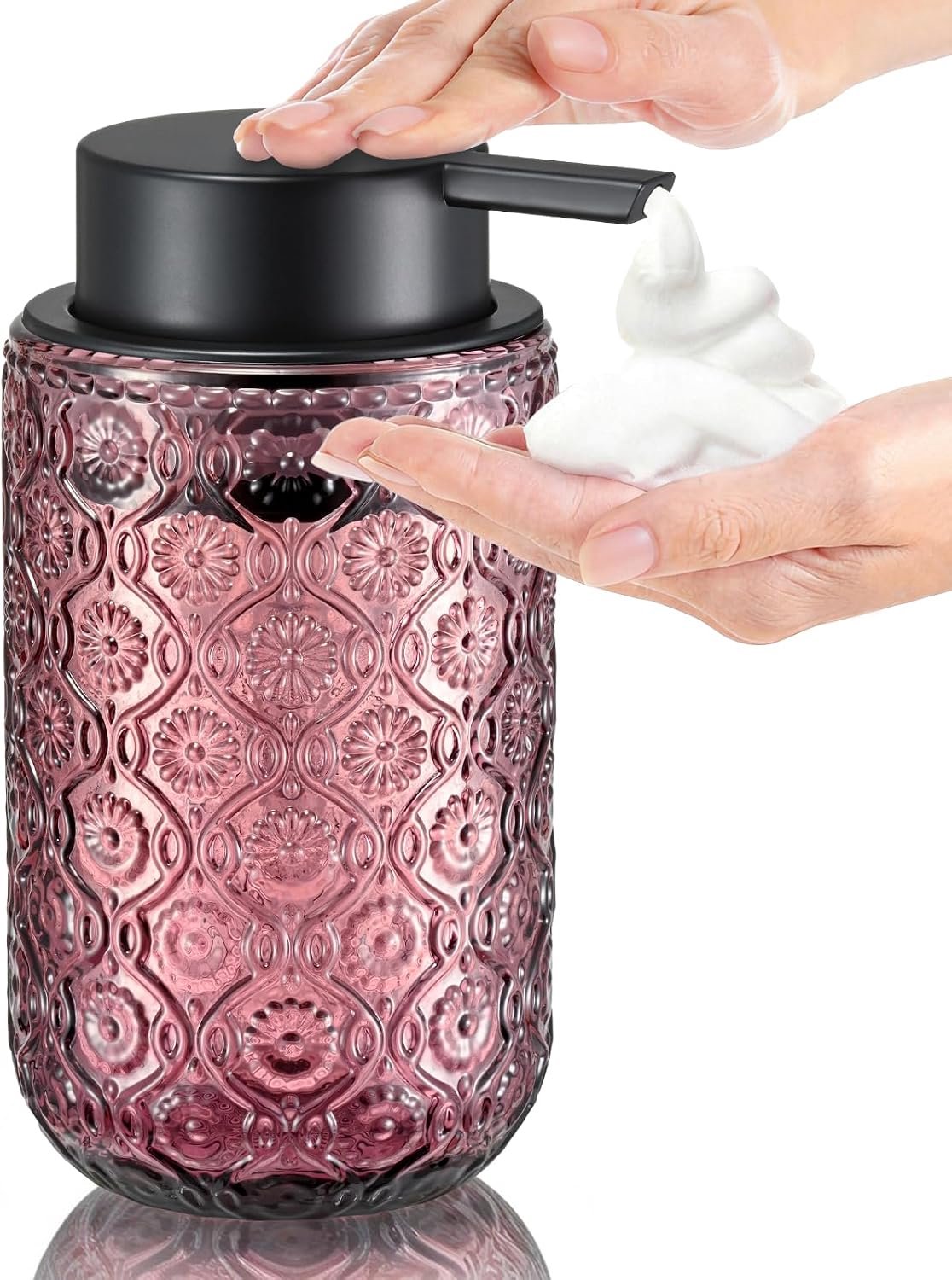 KZQ Zeepdispenser – Glazen fles voor schuimende handzeep – Schuimdispenser met vintage begoniamotief - Met pomp – 400 ml – Roze
