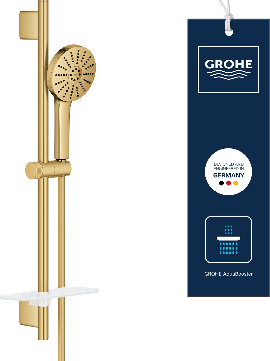 GROHE Vitalio Joy+ 120 Doucheset met Douchestang – Met Douchekop, Doucheslang & Zeepschaal – 3 Straalsoorten – AquaBooster – AquaCalibrator (7L/min) – Geborsteld Cool Sunrise