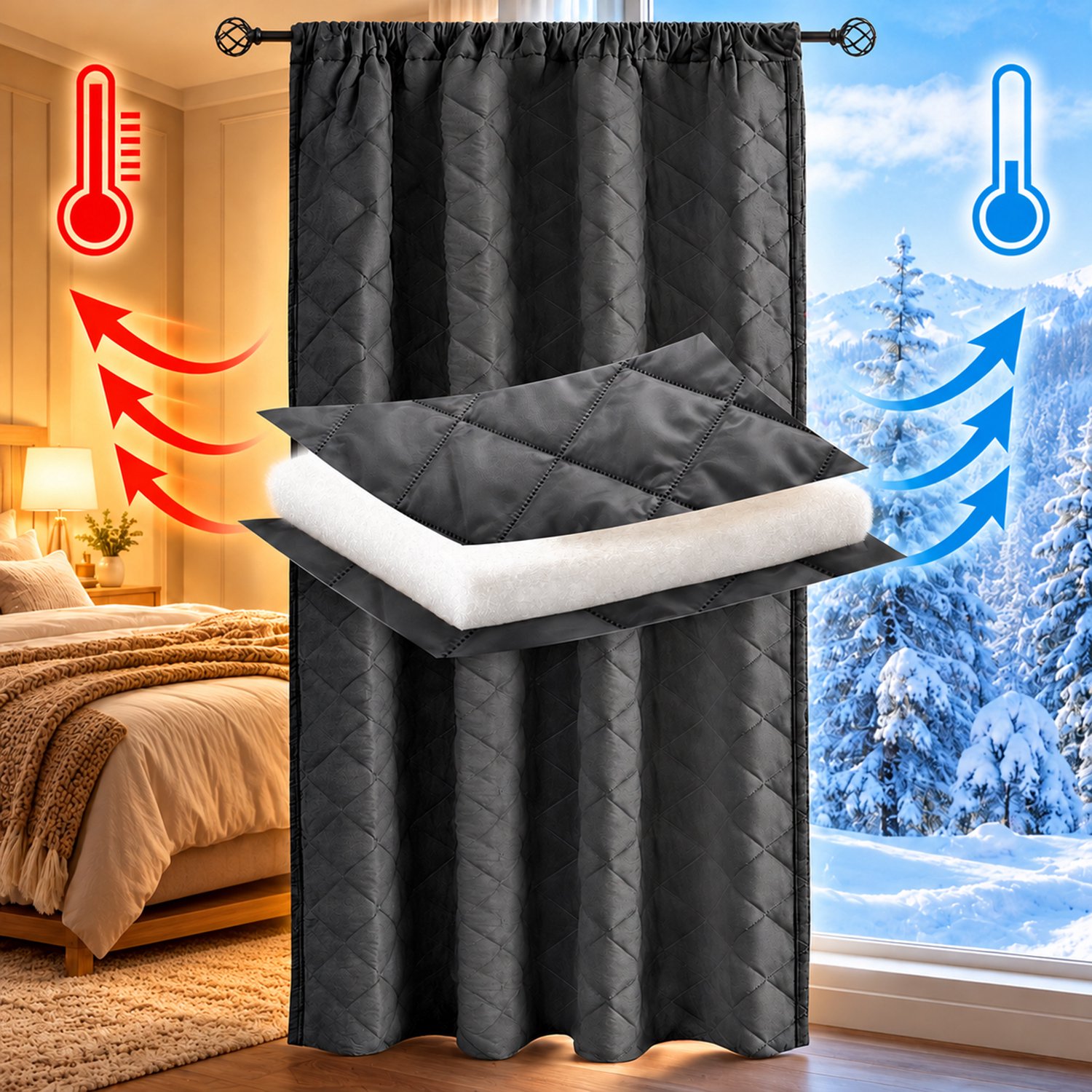 Qelus Thermisch Gewatteerd Gordijn - Donkergrijs - 140 x 220 cm - 280 g/m² Polyester - 6-in-1 Ophangsysteem voor Gordijnroede, Haken en Ringen - Lichtdempende Gordijnvoering voor Woonkamer en Slaapkamer