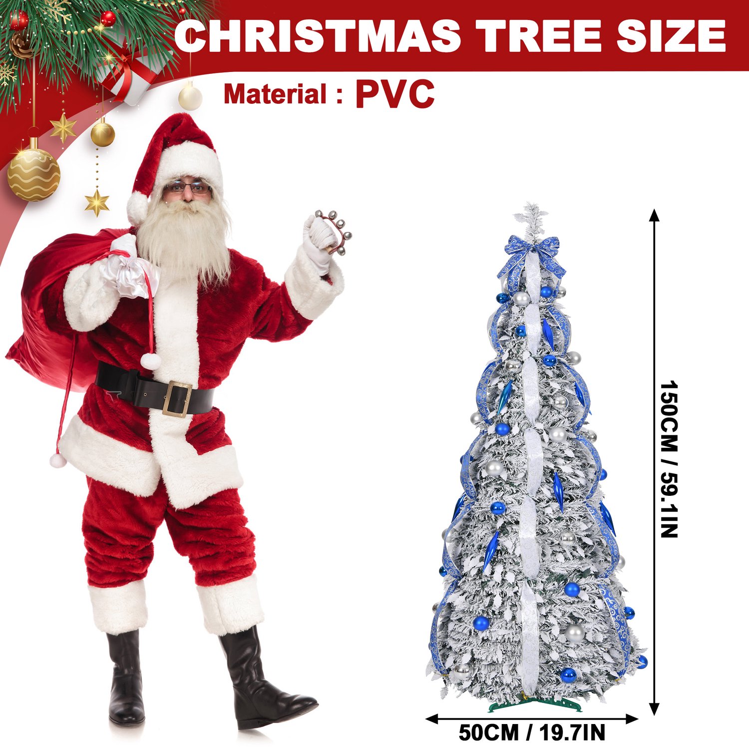 Pop-up Kerstboom 150 cm met 100 LED - 8 Lichtmodi - Blauw met Sneeuw - Inclusief Kerstballen & Linten - Opvouwbaar - NAIZY – foto 2