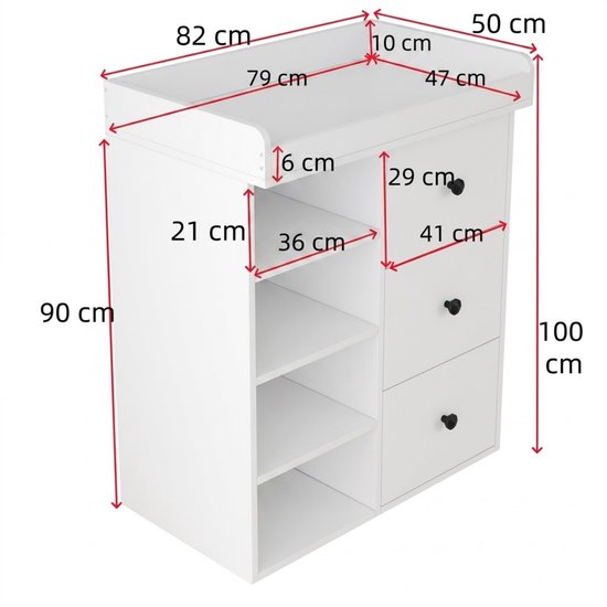 Witte commode met afmetingen van 82x50x100 cm, voorzien van tekst en rode pijlen die de diverse secties aangeven.