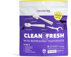 Clearsmile 5-in-1 Wegwerp Tandenborstel - Mini Reistandenborstel met Tandpasta, Floss, Tandenstoker & Tongschraper - Zonder Water - Pepermunt - 20 stuks