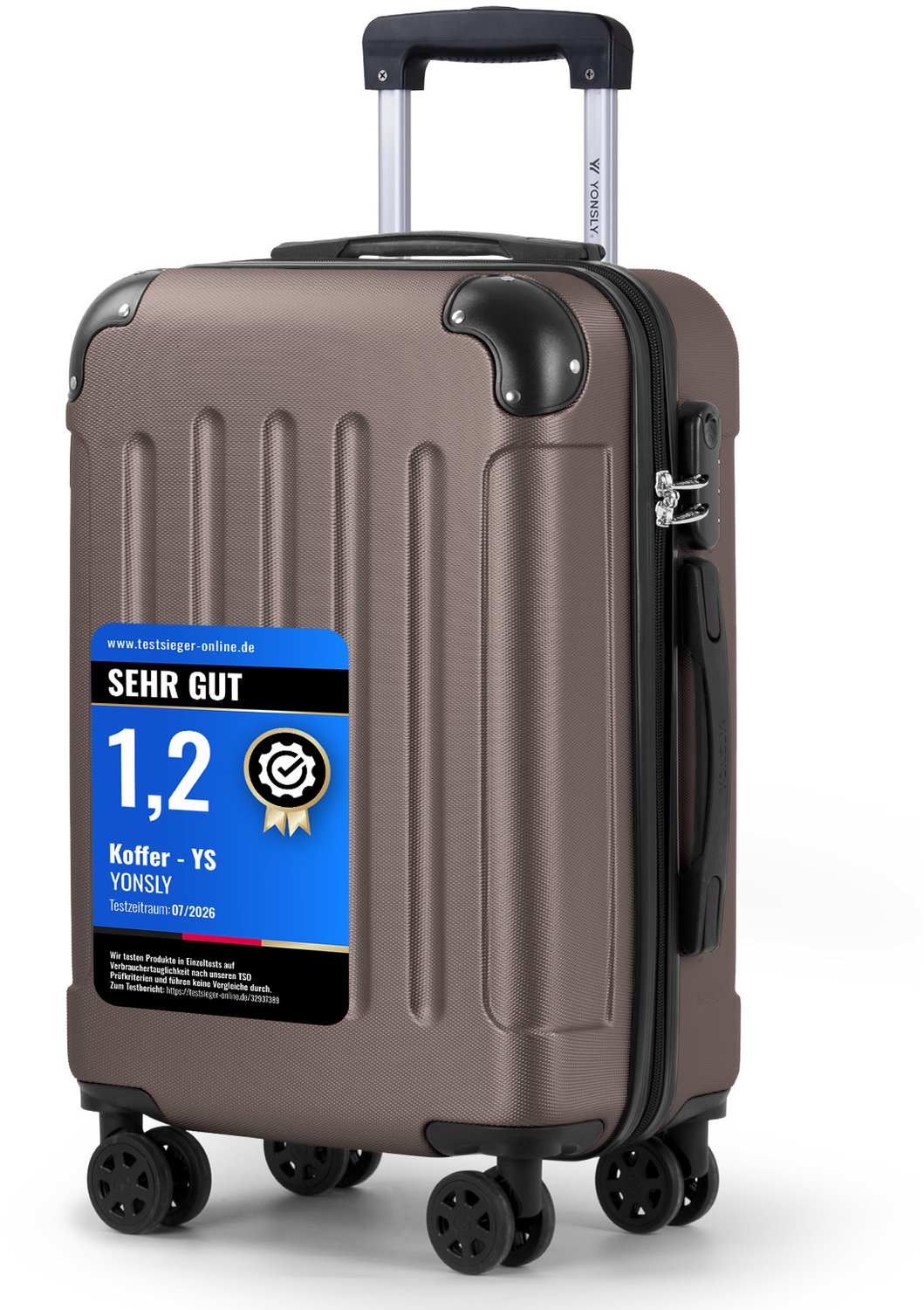 YONSLY Handbagage Koffer - 55cm - 40 L - Cijferslot- 360° Draaibare Wielen - Braun