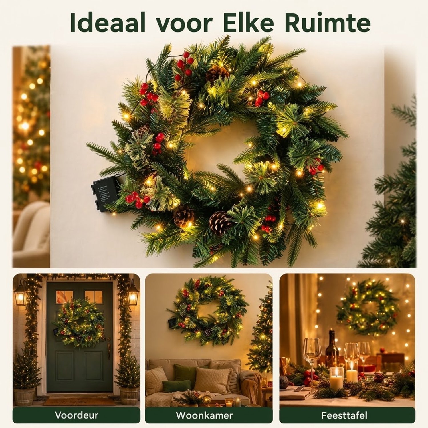 Premium Kerstkrans 40 cm met LED Verlichting – Kunstkerstkrans met Rode Bessen en Dennenappels – Kerstdecoratie voor Deur, Raam en Muur – 8 Lichtstanden – foto 2