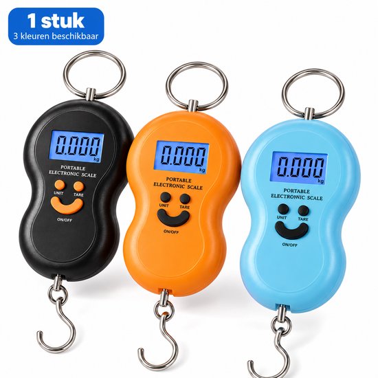 Drie draagbare digitale hangweegschalen in zwart, oranje en lichtblauw met een smiley-ontwerp en metalen haak.
