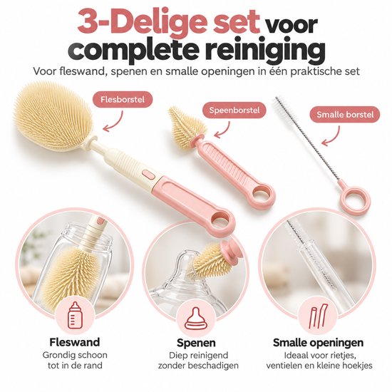 Flessenborstel Set 3-delig - Siliconen - BPA-vrij - Babyflessen - Speenborstel - Rietjesborstel - Roze — afbeelding 5