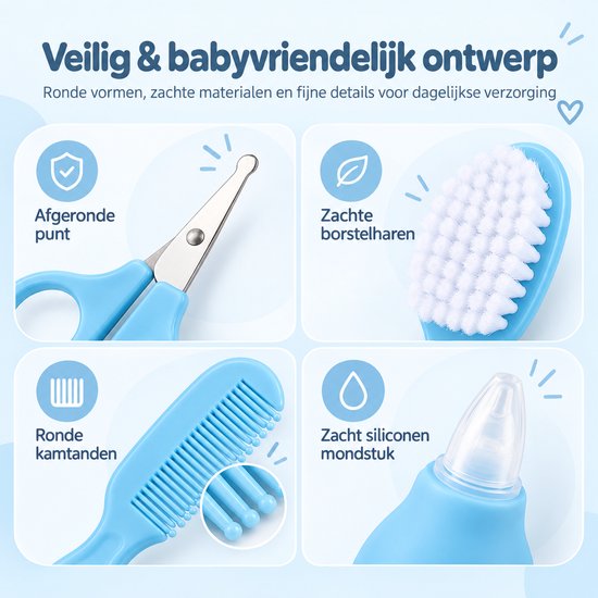 Baby Verzorgingsset 8-delig - Neuszuiger, Nagelset & Haarverzorging - Vingertandenborstel - Opbergetui - Blauw — afbeelding 3