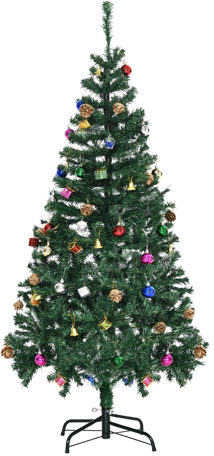 Heidat kunstkerstboom 150cm - 420 Takken – Inclusief 48 Kerstversieringen – Metalen Standaard – Groen – Voor Binnen en Buiten