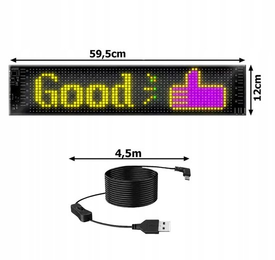 Flexibel led-paneel van 59,5 bij 12 cm met de tekst Good en een duim omhoog-icoon, plus 4,5m kabel.