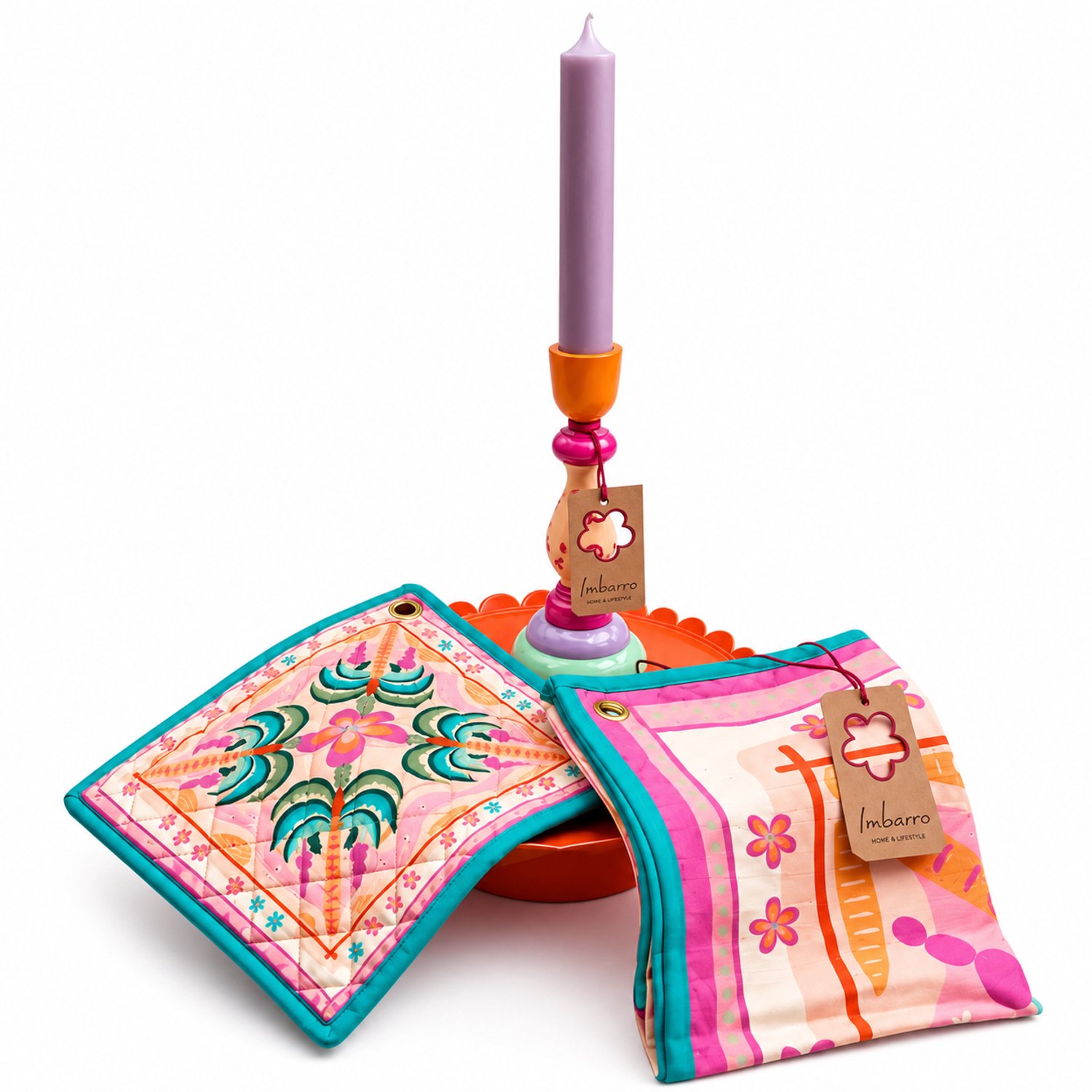 Jensaro Cadeauset Wonen en Keuken - 5-delige Geschenkset met Kandelaar, Paarse Kaars, Plateau, Theedoek en Pannenlap - Kleurrijk