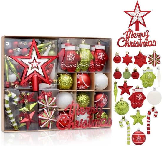 70 Stuks Kerstornamenten – Kunststof Kerstballen en Kerstboomversiering – Breukbestendige Kersthangers met Merry Christmas Bord – Voor Kerstboom, Feest en Bruiloft – Rood en Groen