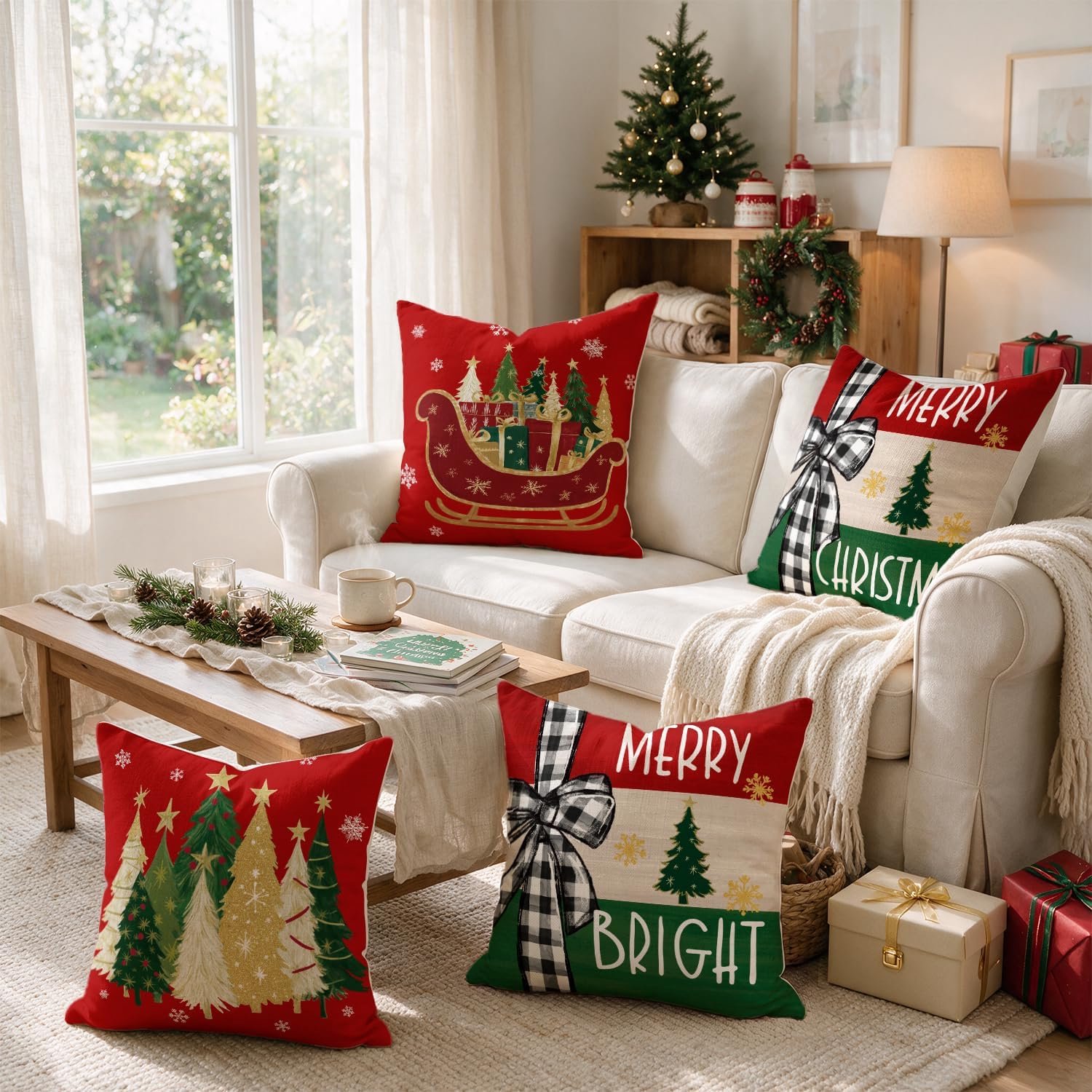 Set van 4 - Kerst kussensloop - Kussenhoes - Kerstkussenslopen - 45 x 45 cm - Kerst decoratie - Kussenhoesjes - Winter vakantie kerstdecoratie - Thuis bank kussen - Binnen decoraties - Voor decoratie Kerstmis, bank, slaapkamer - Linnen - Rood – foto 4