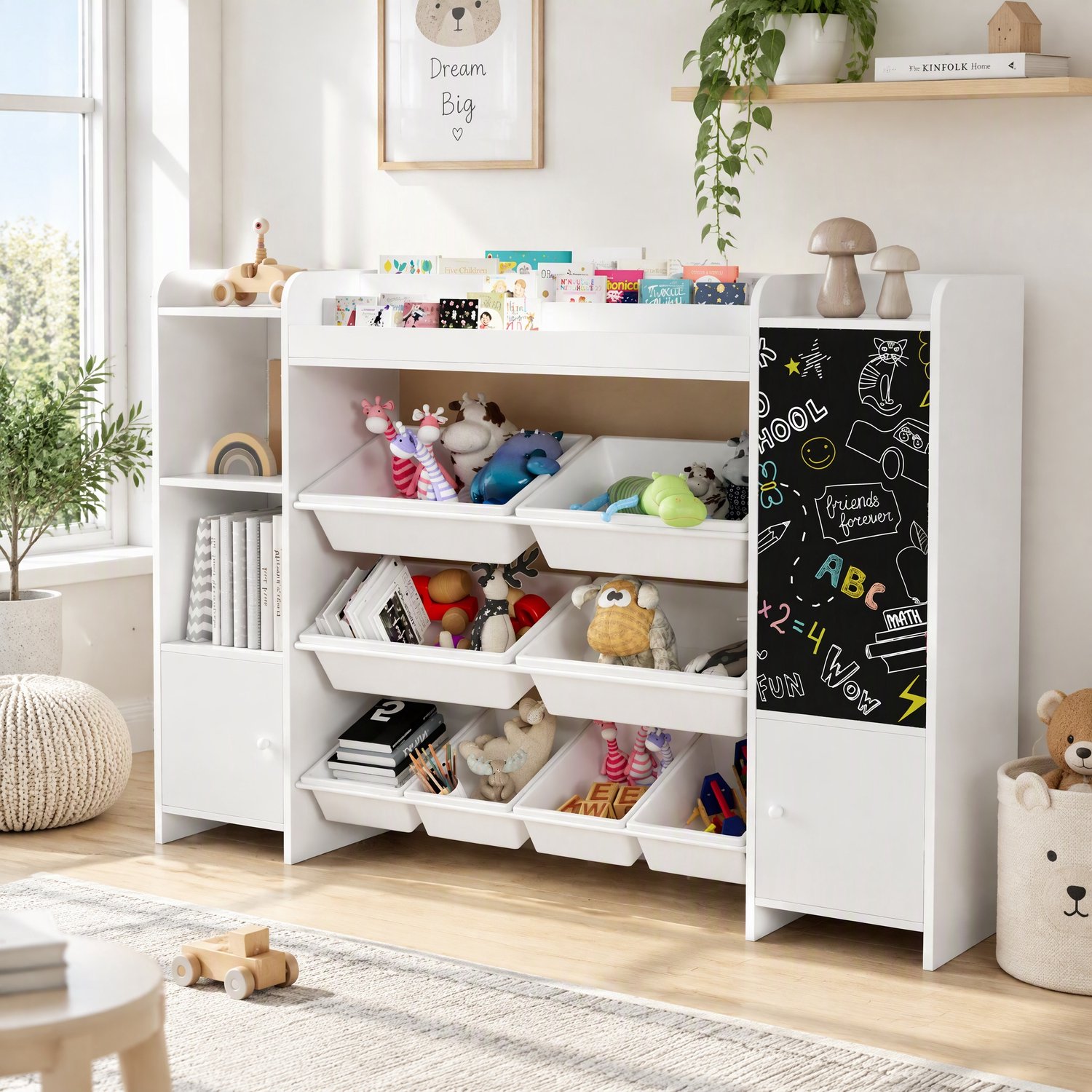 Speelgoed opbergkast voor kinder - Opbergkast met 8 uitneembare bakken en planken - Multifunctionele kinderboekenrek met krijtbordwand - 137 x 30 x 94 cm - Wit
