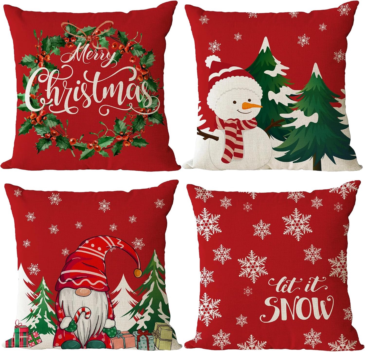Set van 4 - Kerst kussensloop - Kussenhoes - Kerstkussenslopen - 45 x 45 cm - Kerst decoratie - Kussenhoesjes - Winter vakantie kerstdecoratie - Thuis bank kussen - Binnen decoraties - Voor decoratie Kerstmis, bank, slaapkamer - Linnen - Rood