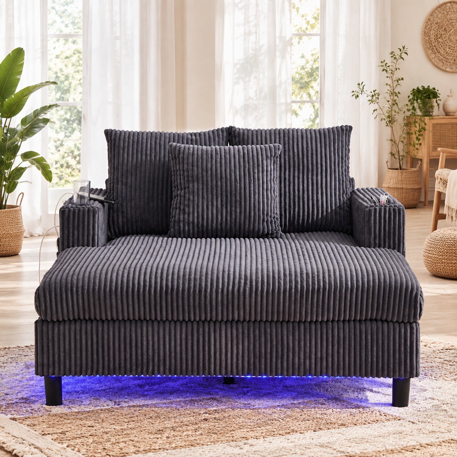 WUVRIE Chaise longue 142x128 cm - LED, USB en bekerhouders - Donkergrijs