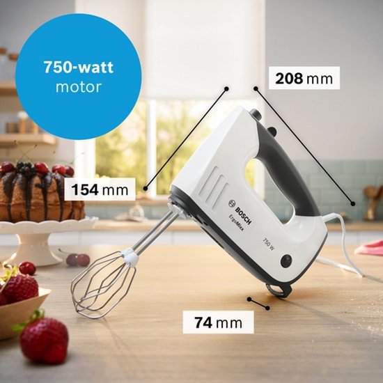 Bosch ErgoMixx 750W handmixer met afmetingen en garde op een houten ondergrond.