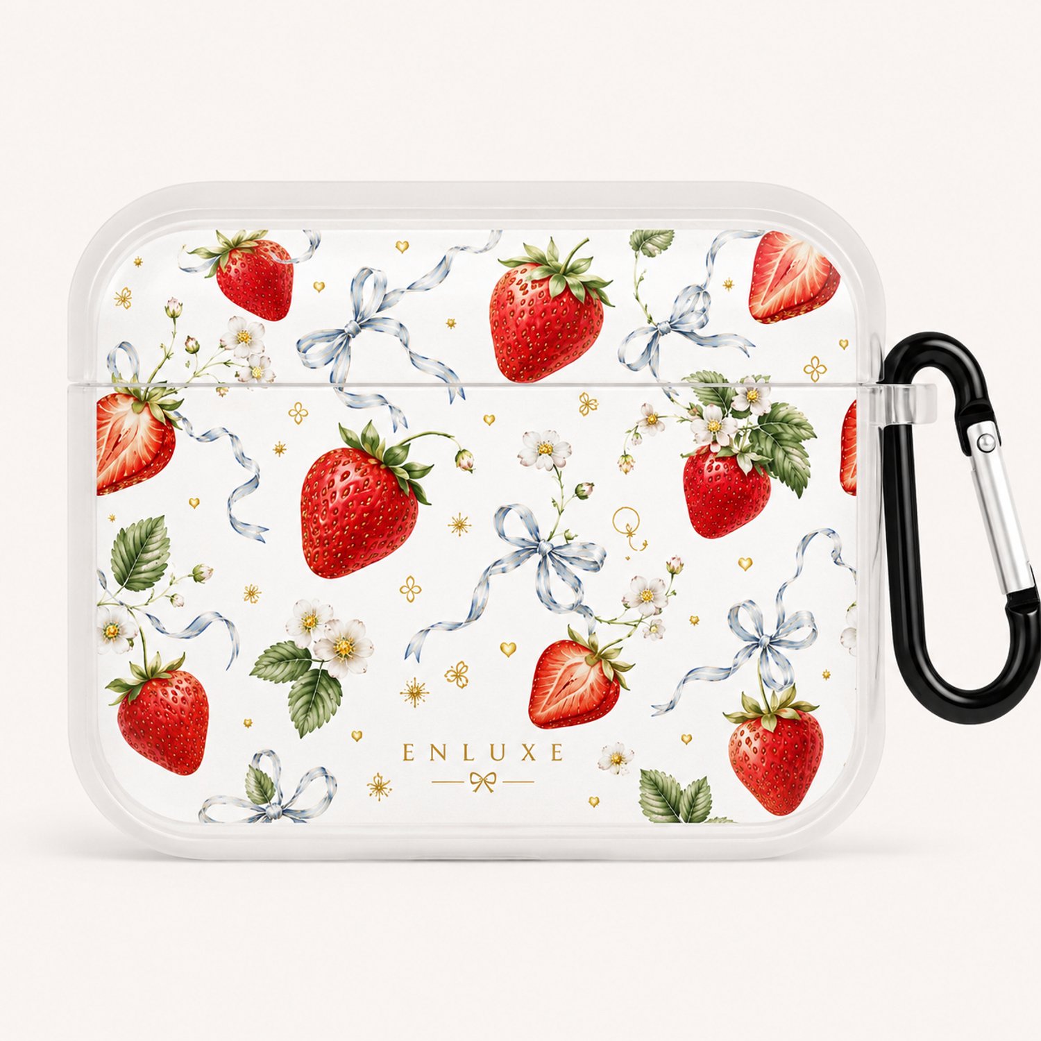 Enluxe Hoesje voor AirPods 4 en AirPods 5 - Aardbei Wit - Karabijnhaak