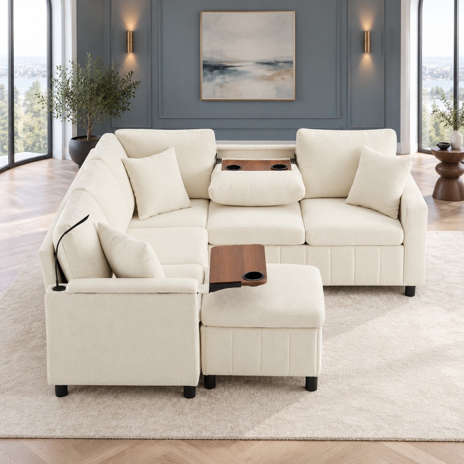 WUVRIE Hoekbank 205x205 cm - Slaapfunctie, hocker met opbergruimte, USB en Type-C - Beige