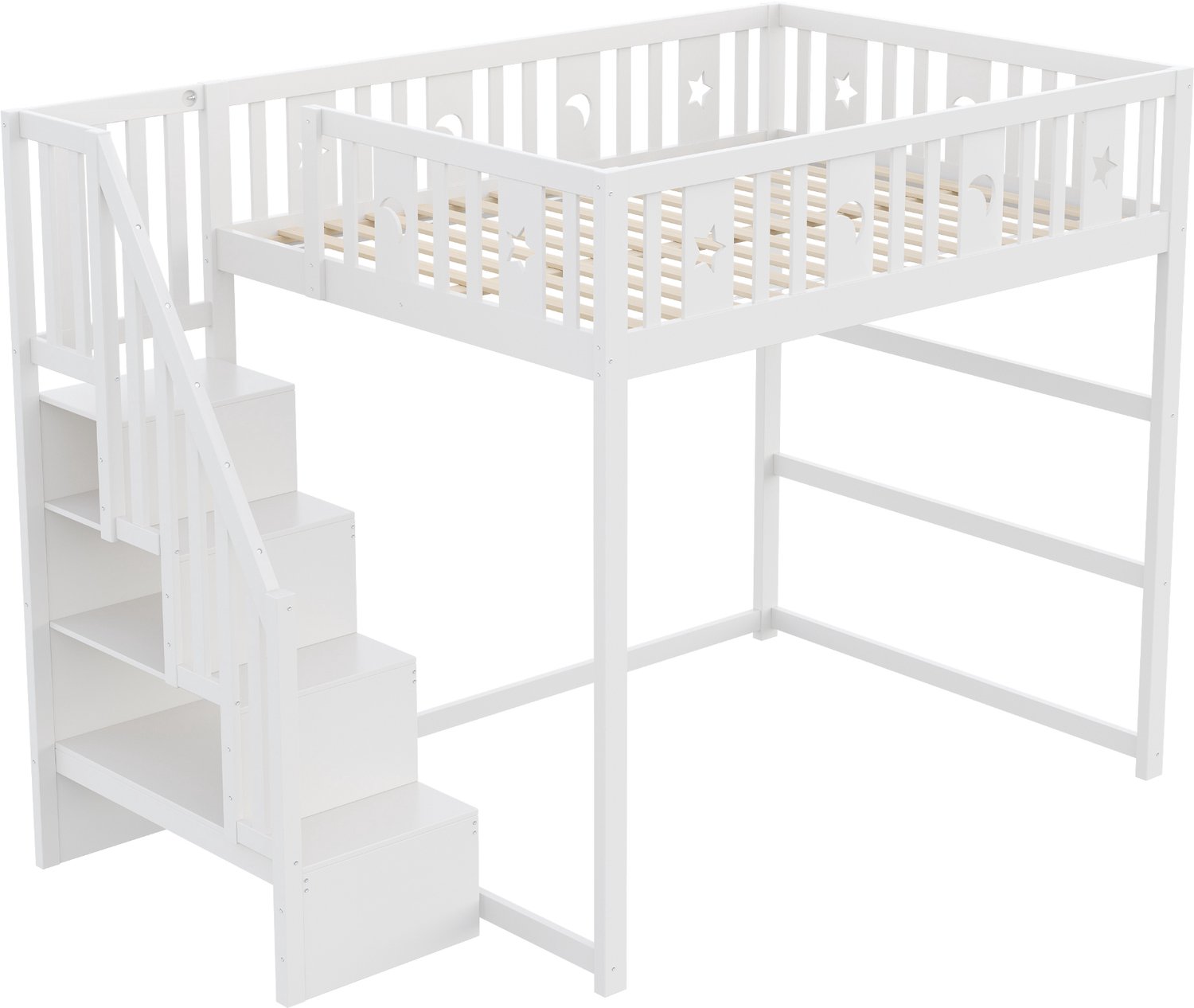 Hoogslaper Voor Kinderen 140x200 - Witte Hoogslaper Met Trap - Massief Hout Met Veiligheidsreling, Opbergvakken En Zitplek Eronder