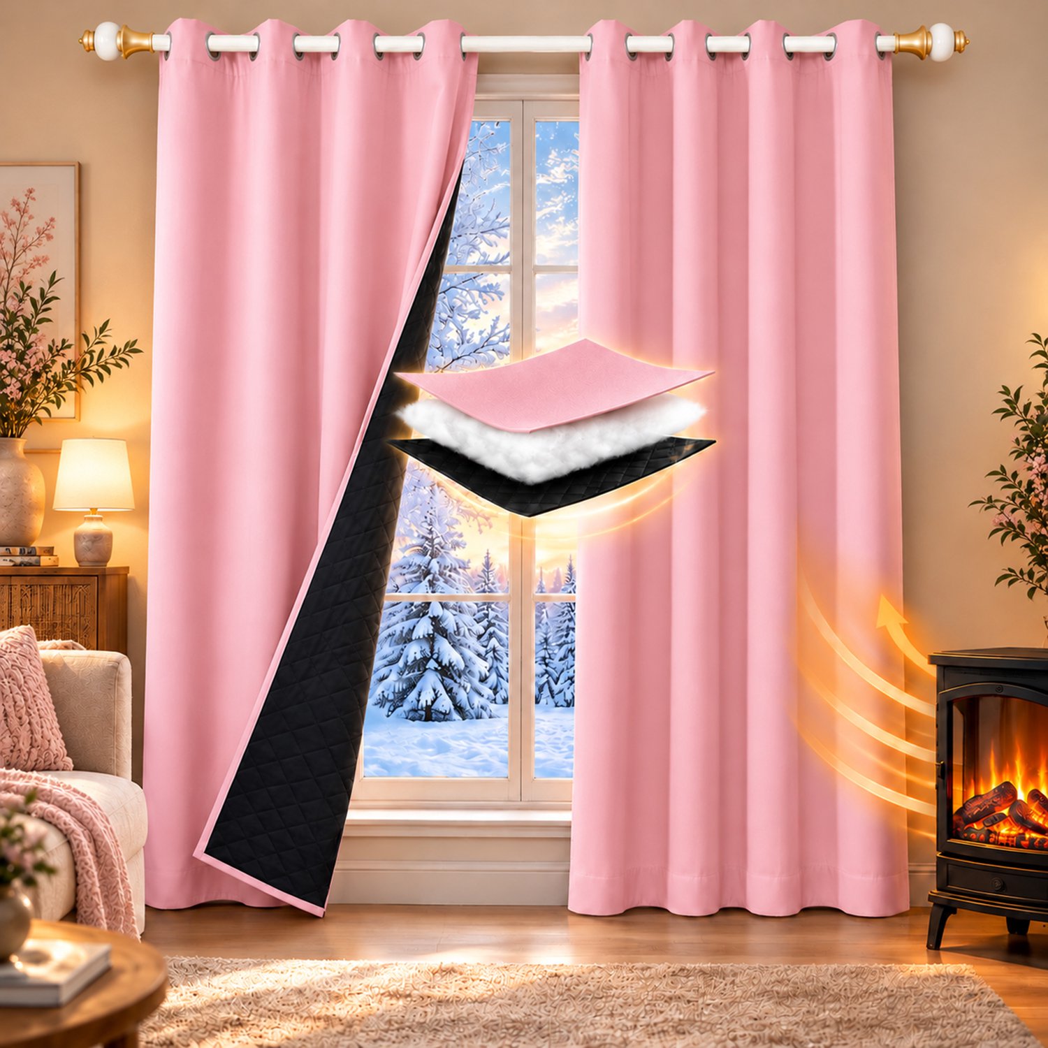 Qelus Gewatteerd Polyester Gordijn met Ringen - Roze - 132 x 213 cm - 3-laags Thermisch, Geluidsdempend en Lichtwerend - Zwarte Voering - Voor de Slaapkamer, Woonkamer en Binnendeuren - 1 Stuk Roze - 1 Stuk