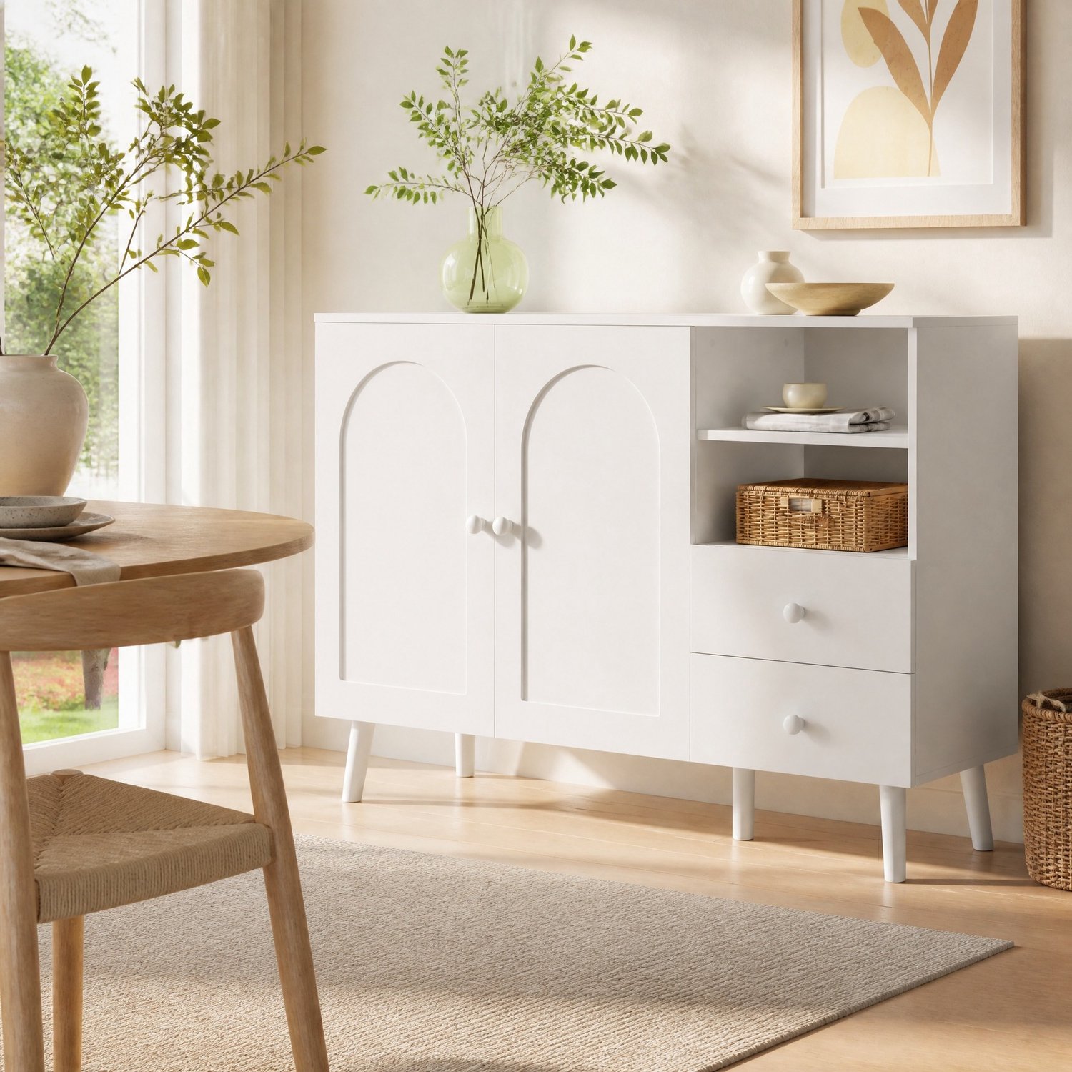 WUVRIE Dressoir 118x35x82 cm - 2 deuren, 2 lades en open vakken - Wit