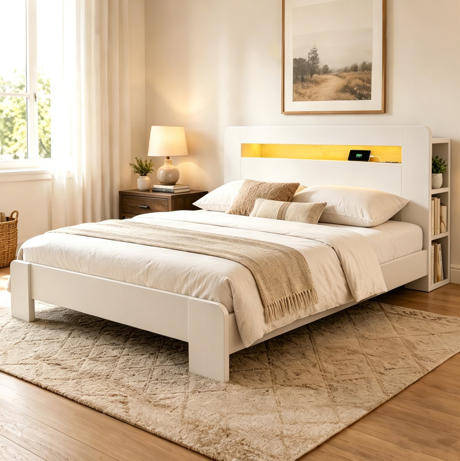 WUVRIE Bedframe 140x200 cm - Opbergkopstuk met LED en stopcontacten - Wit