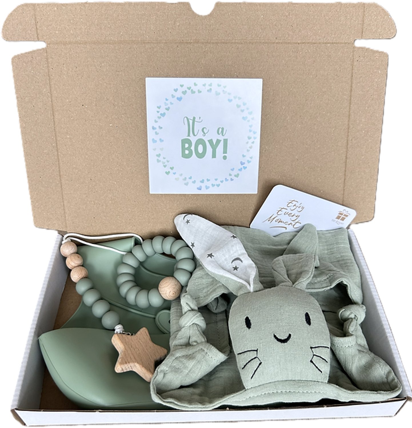 Baby jongen brievenbus cadeau - knuffel - slab - bijtring -speenkoord